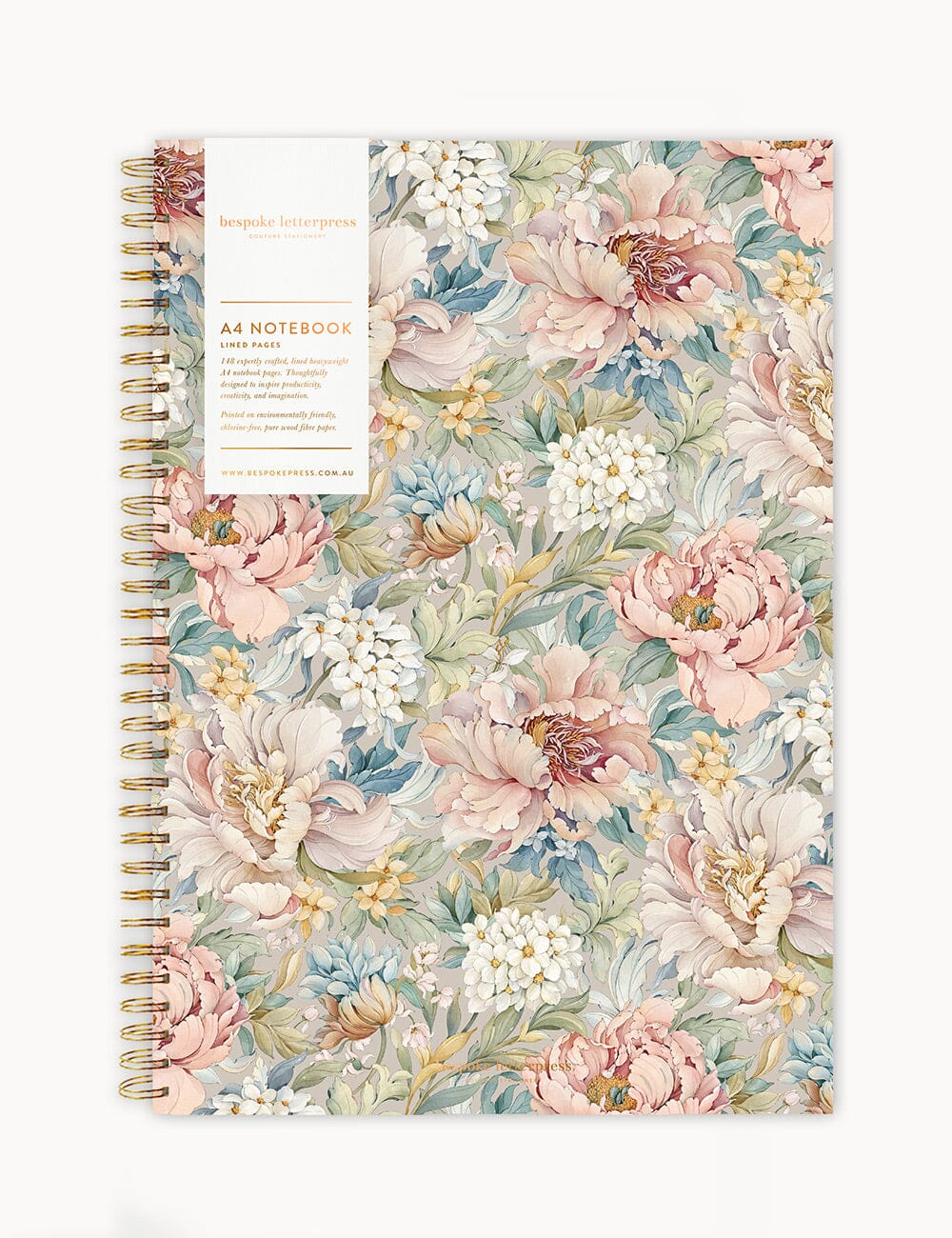 Ringbound A4 Notebook - Heritage Roses Notebooks Bespoke Letterpress 