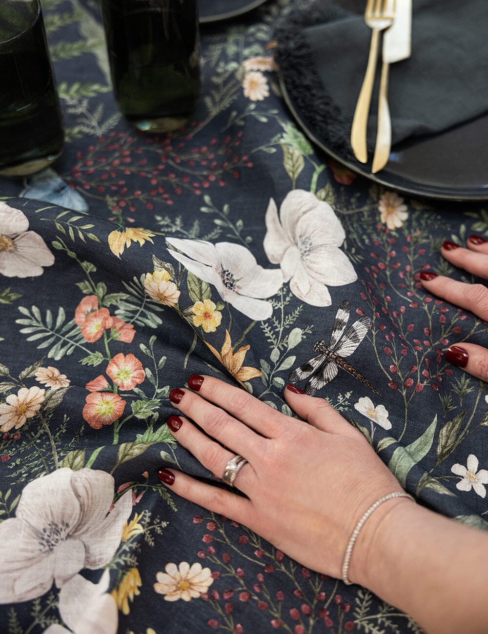 Dusk In Bloom Linen Tablecloth