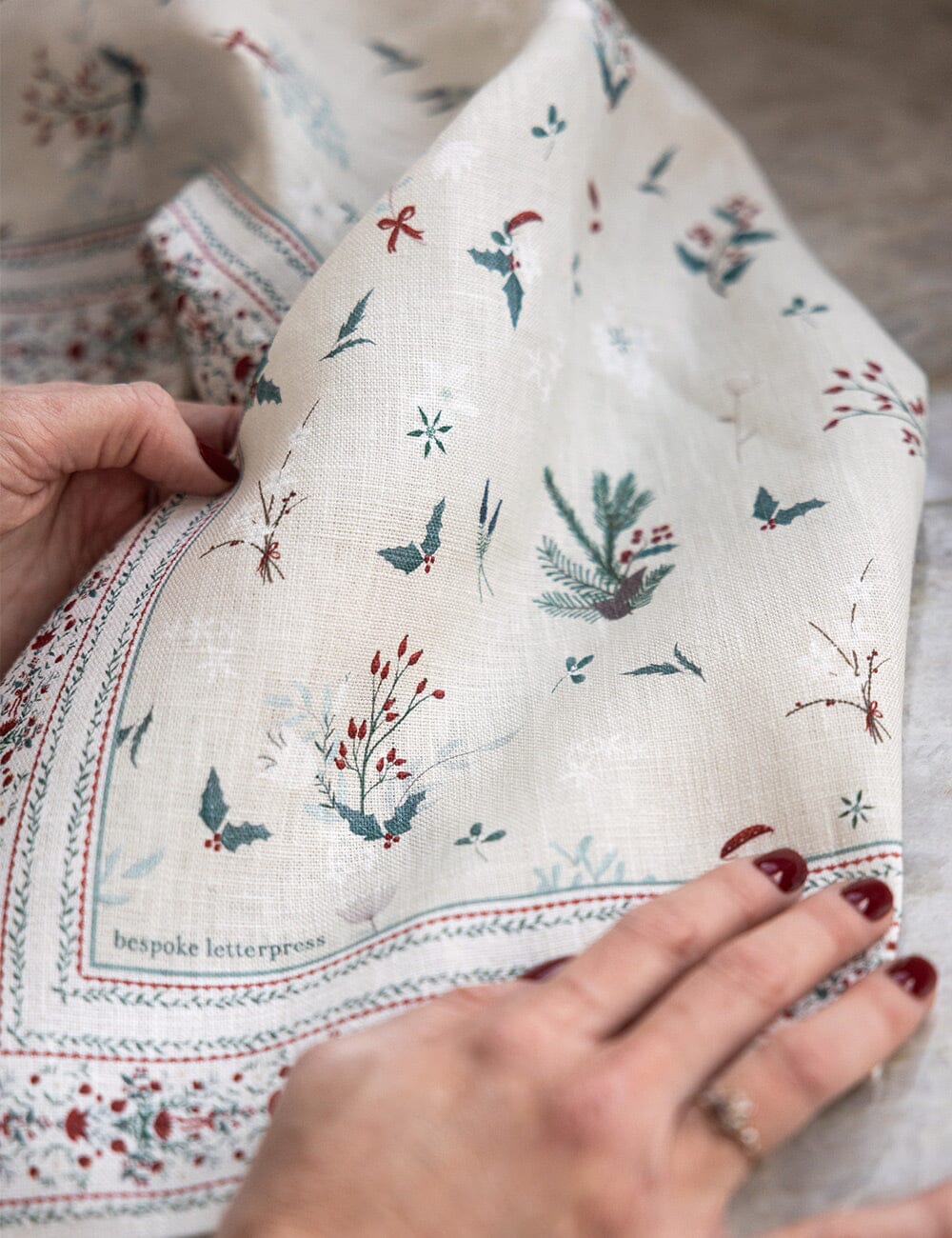 Heirloom Christmas Holly 100% Linen Tea Towel