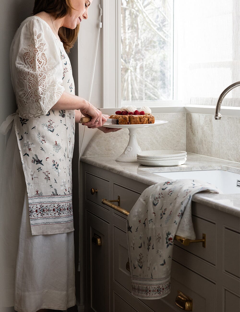 Heirloom Christmas Holly 100% Linen Tea Towel