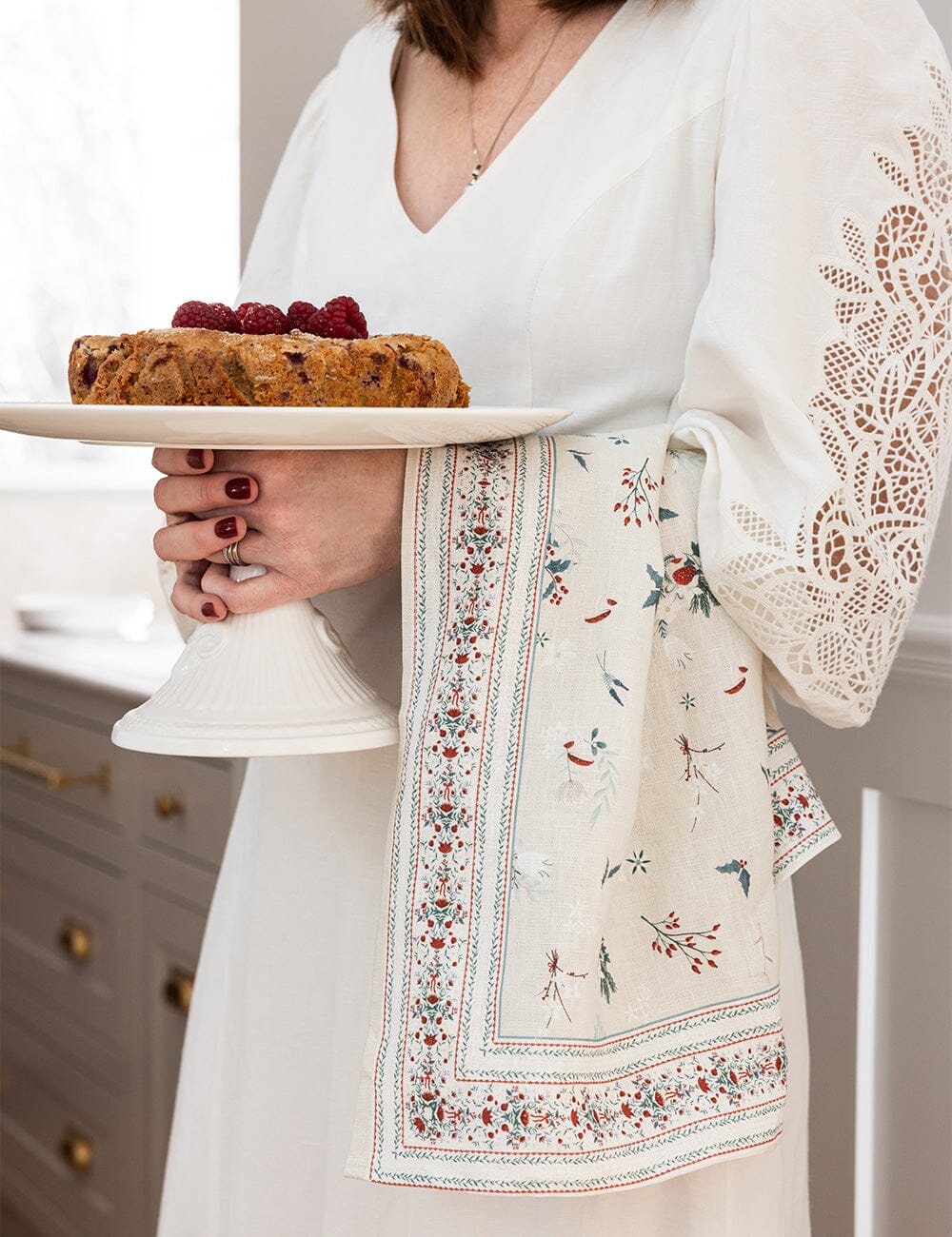 Heirloom Christmas Holly 100% Linen Tea Towel