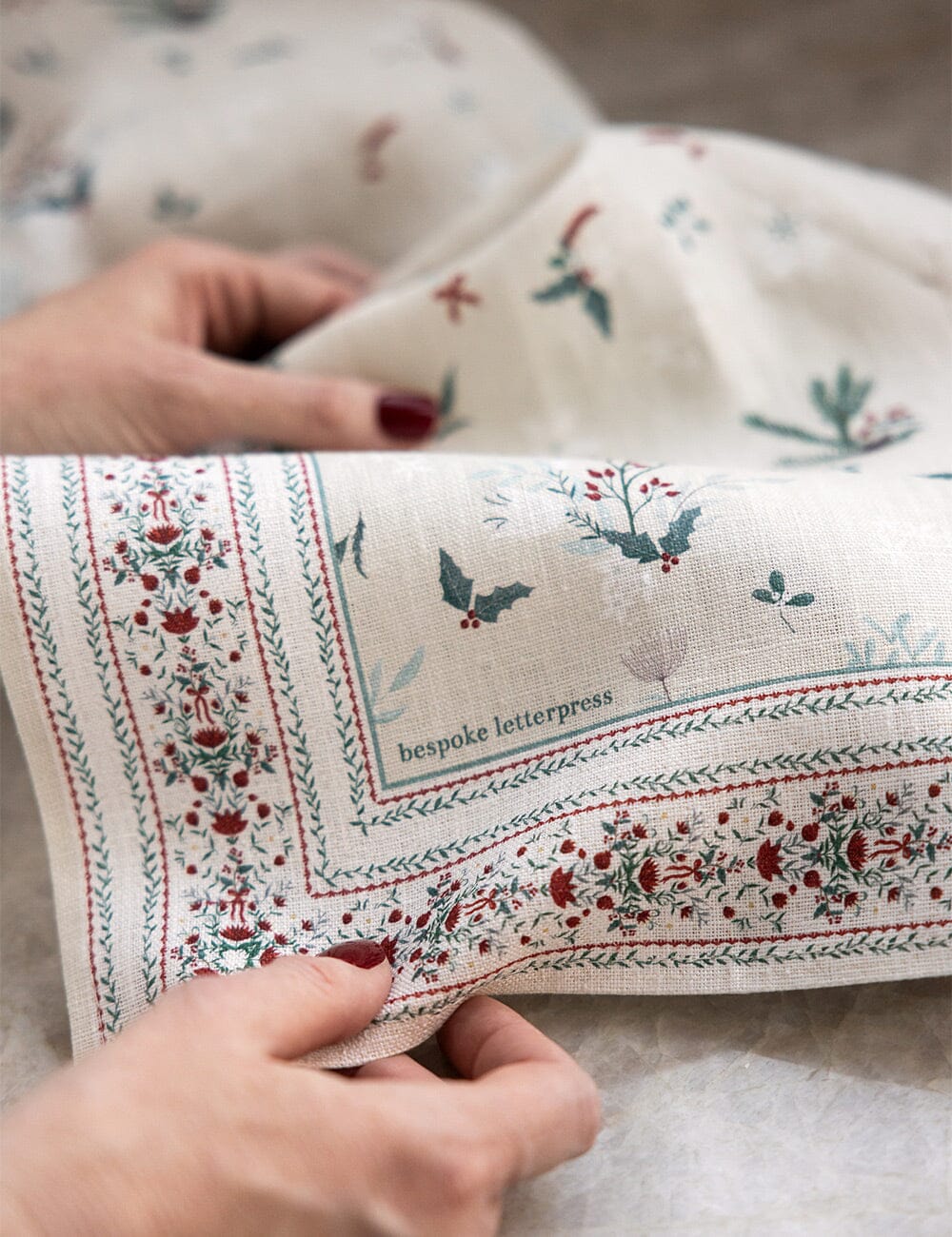 Heirloom Christmas Holly 100% Linen Tea Towel