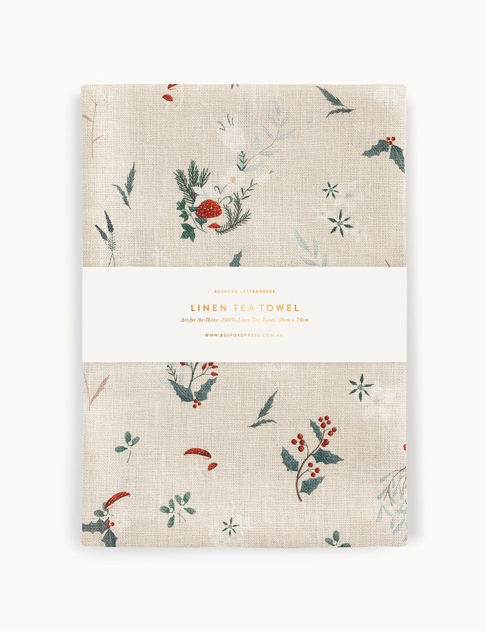 Heirloom Christmas Holly 100% Linen Tea Towel