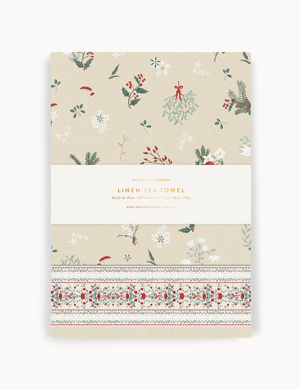 Heirloom Christmas Holly 100% Linen Tea Towel Tea Towel Bespoke Letterpress 