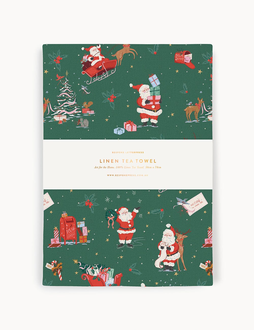 Christmas Santas 100% Linen Tea Towel Tea Towel Bespoke Letterpress 