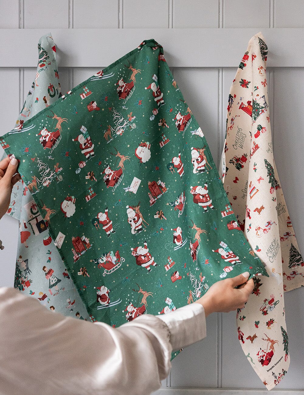 Christmas Santas 100% Linen Tea Towel