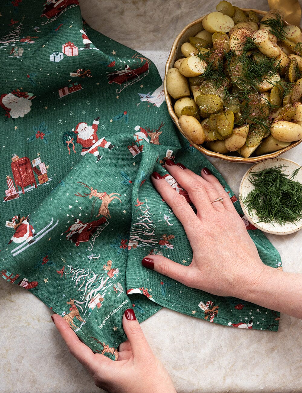 Christmas Santas 100% Linen Tea Towel