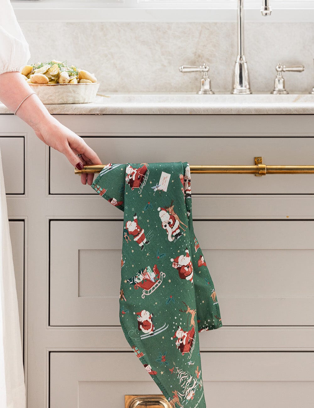 Christmas Santas 100% Linen Tea Towel