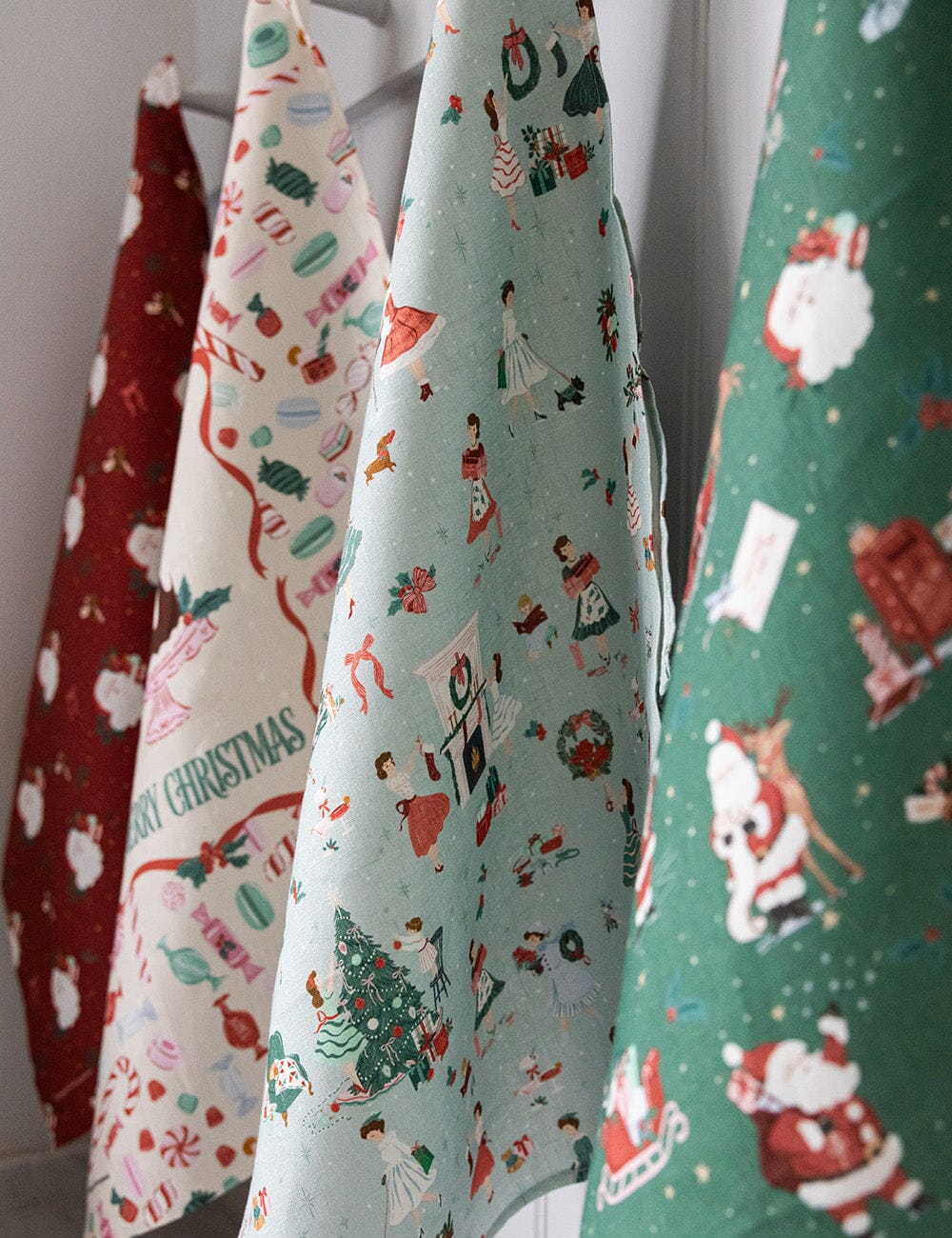 Christmas Santas 100% Linen Tea Towel
