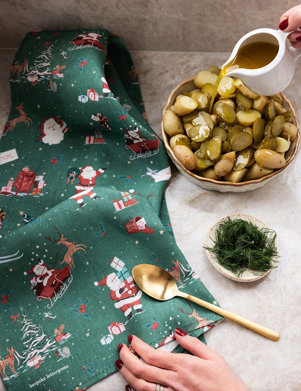 Christmas Santas 100% Linen Tea Towel