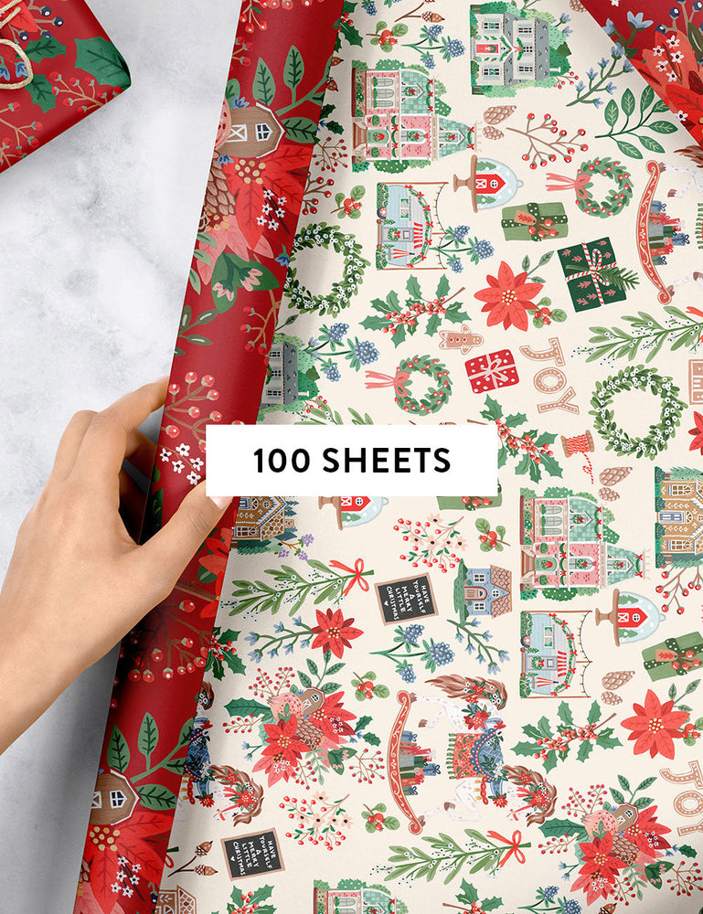 Christmas Joy / Red Floral 100pk Gift Wrap Bespoke Letterpress 