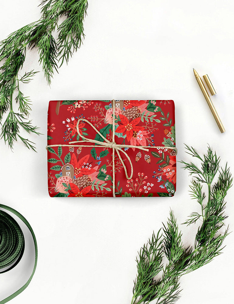 Christmas Joy / Red Floral 6pk Gift Wrap Bespoke Letterpress 