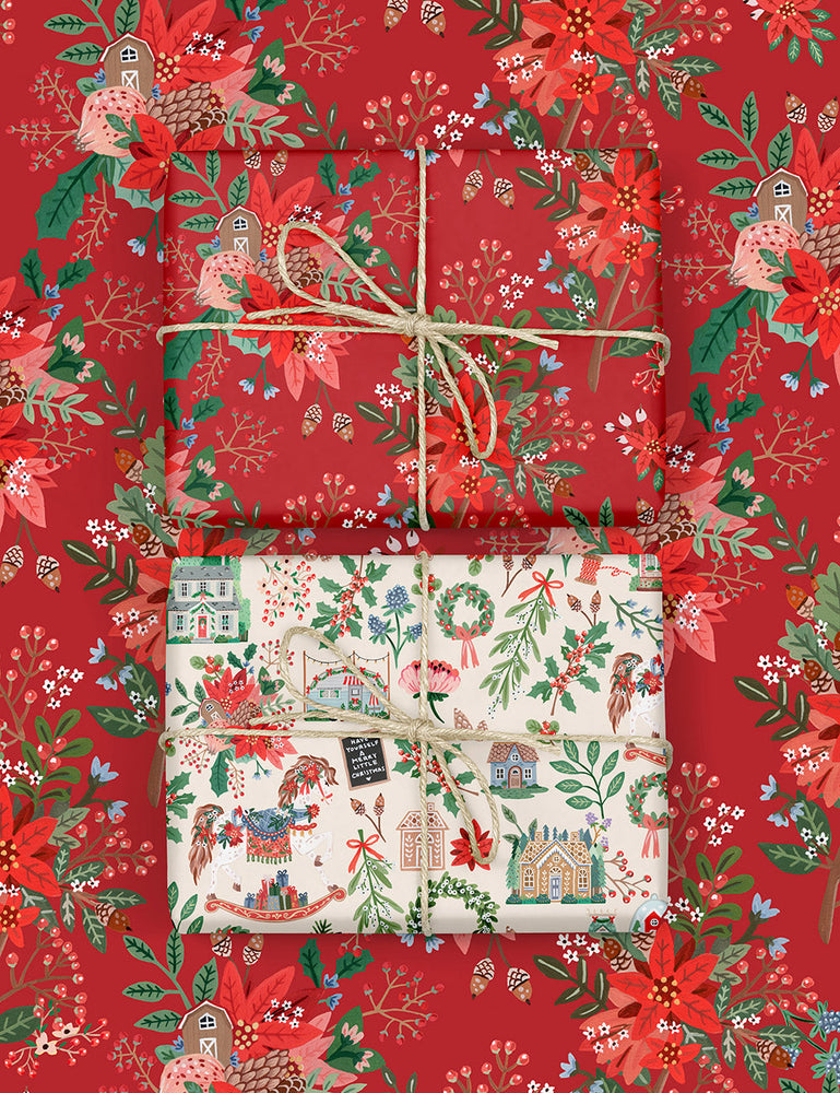 Christmas Joy / Red Floral 6pk Gift Wrap Bespoke Letterpress 