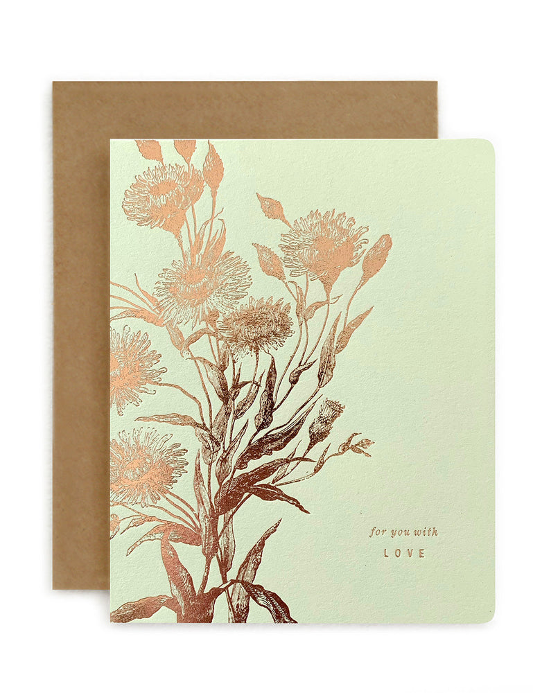 Botanical 'For you with love' Mint Greeting Cards Bespoke Letterpress 