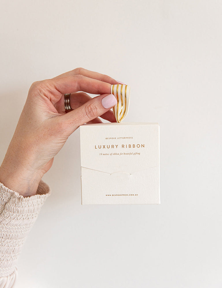 Cream Gold Foil Striped Ribbon - 10 metres Silk Ribbon Bespoke Letterpress 
