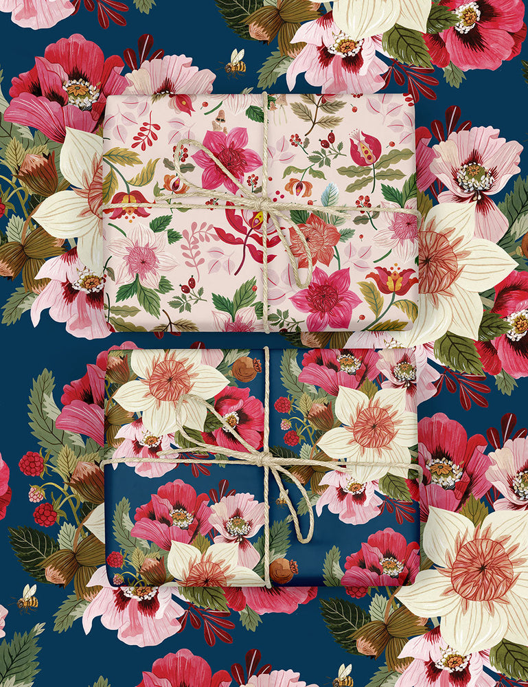 Folk Midsummer Florals / Bees 6pk Gift Wrap Bespoke Letterpress 